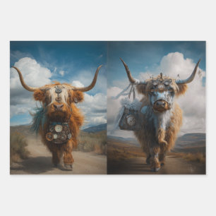 Decoupage Highland Haute Couture Steampunk Kühe Geschenkpapier Set