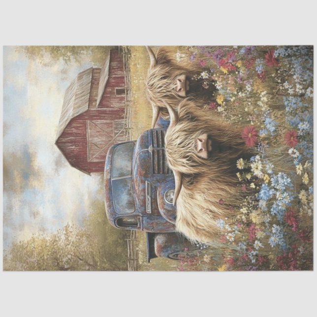 Decoupage Highland Kühe Blue Truck Red Barn Seidenpapier (Vorderseite)