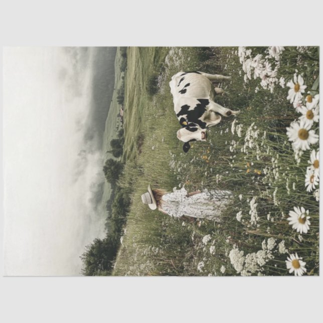 Decoupage Holstein Cow & Girl in Field Wildblume Seidenpapier (Vorderseite)