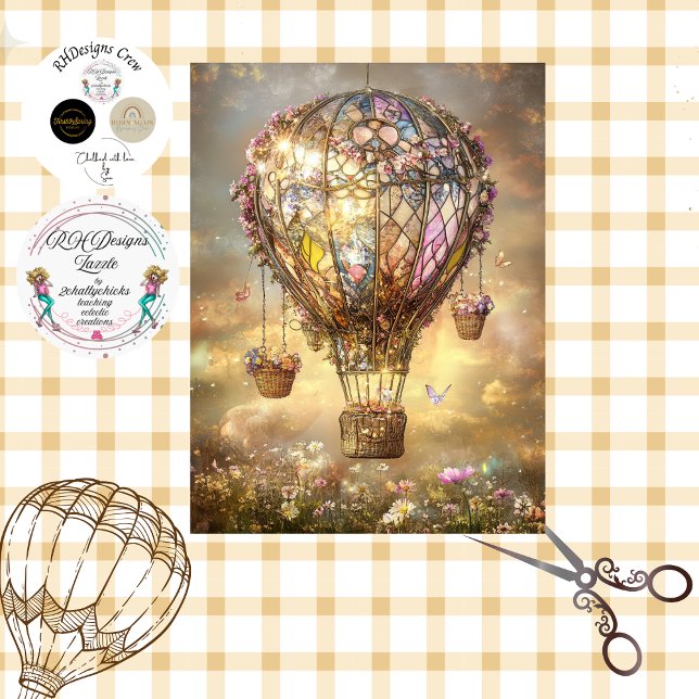 Decoupage Hot Air Ballon festgehaltenes Glas Flora Seidenpapier (Von Creator hochgeladen)