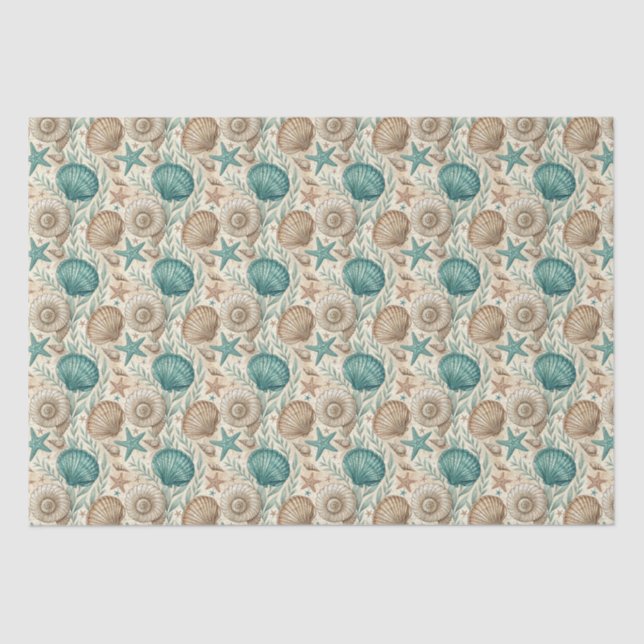 Decoupage im Muster Teal & Beige Beach Shells Seidenpapier (Vorderseite)