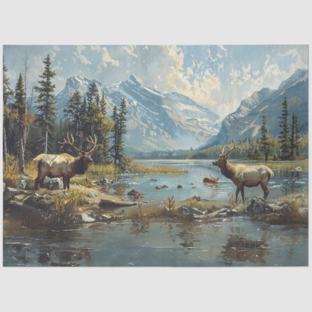 Decoupage Junting Fishing Elk Mountains Snow Seidenpapier (Vorderseite)