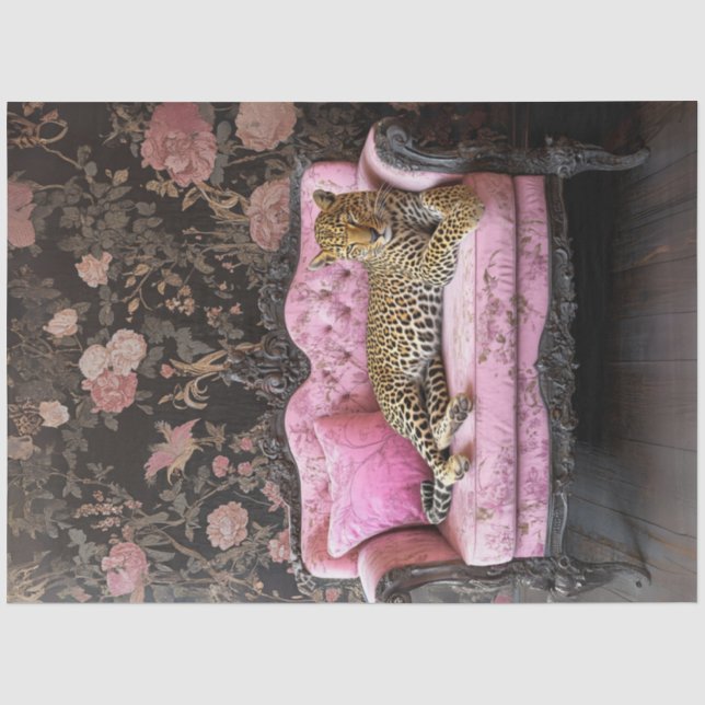 Decoupage Leopard auf rosa Samtsofa im französisch Seidenpapier (Vorderseite)