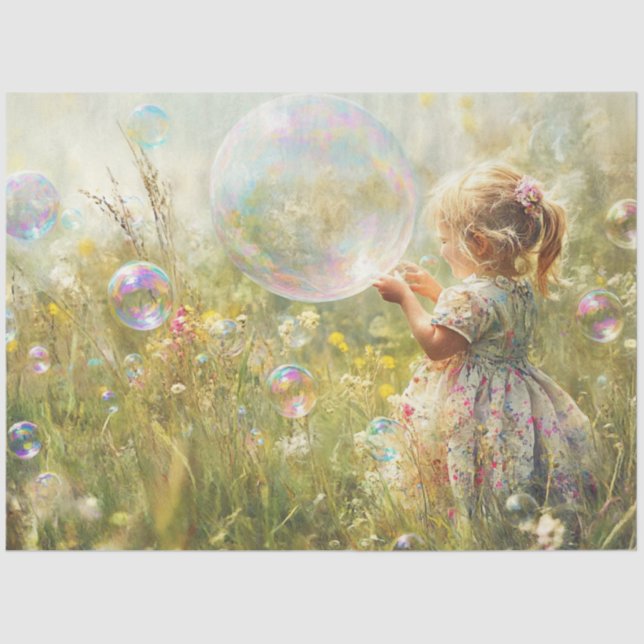 Decoupage Lil Girl Chasing Bubbles Field a Blume Seidenpapier (Vorderseite)
