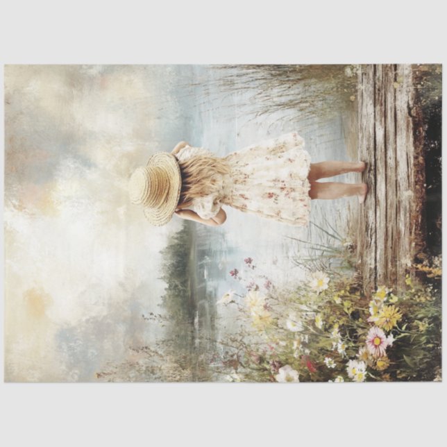 Decoupage Lil Girl Clara auf Dock Lake Straw Hat Seidenpapier (Vorderseite)