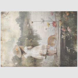 Decoupage Lil Girl Straw Hat Dock Lake & Cat Seidenpapier