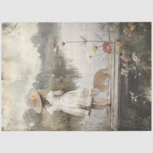 Decoupage Lil Girl Straw Hat Dock Lake & Cat Seidenpapier