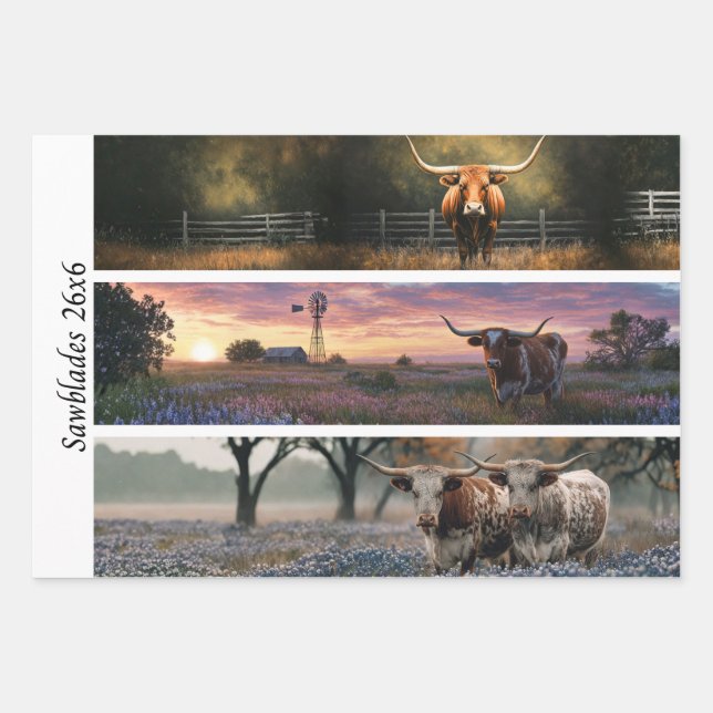 Decoupage Longhorn Wester Papers Sägeblätter Geschenkpapier Set (Vorderseite)