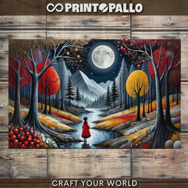 Decoupage - Mädchen in rot und Herbstmondlandschaf Seidenpapier (Von Creator hochgeladen)