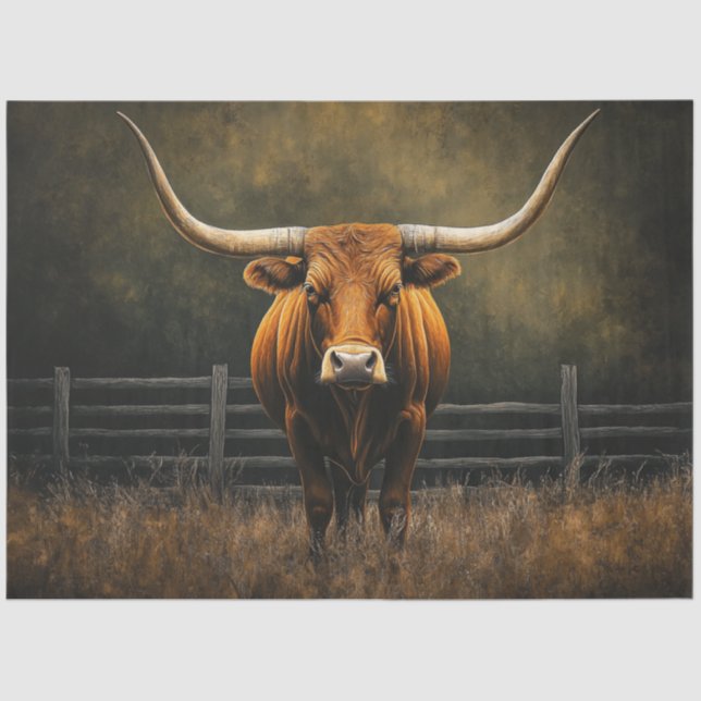 Decoupage Majestic Brown Longhorn Steer in Field Seidenpapier (Vorderseite)