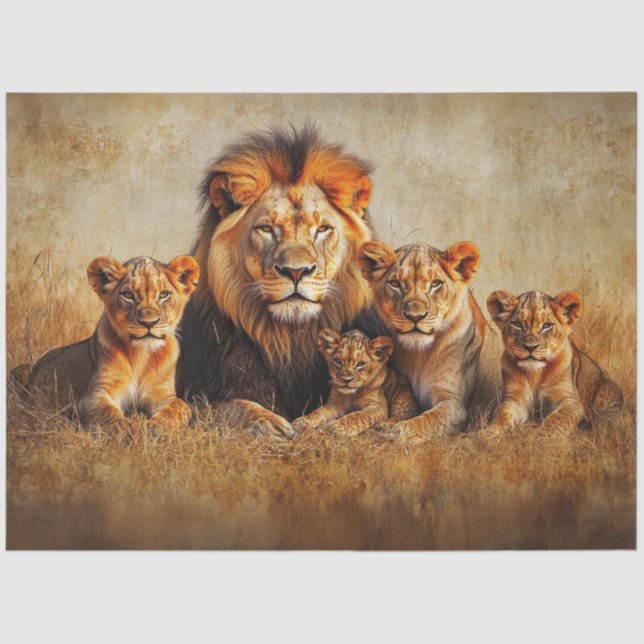 Decoupage Majestic Lion Lioness & 3 Cubs Seidenpapier (Vorderseite)