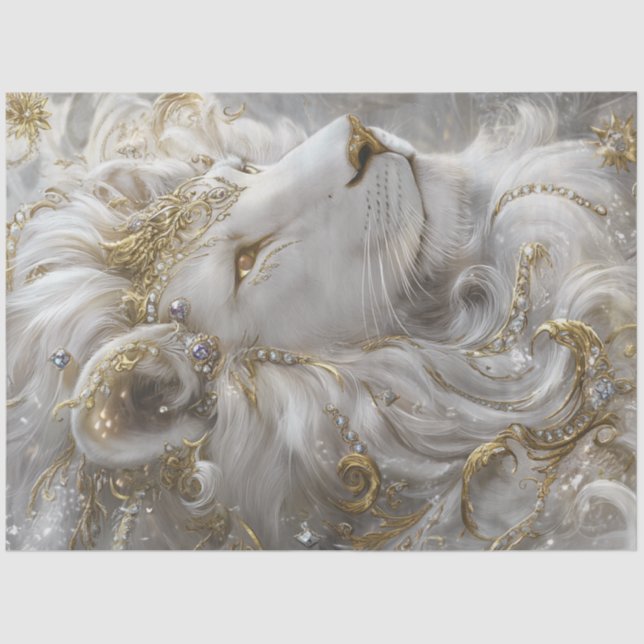 Decoupage Majestic White Lion Gold & Silber Seidenpapier (Vorderseite)