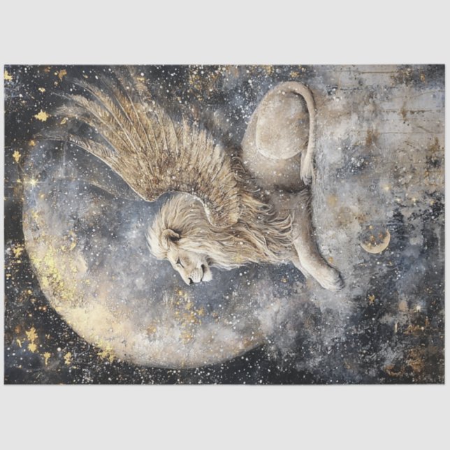 Decoupage Majestic Winged Lion Vollmond Szene Seidenpapier (Vorderseite)