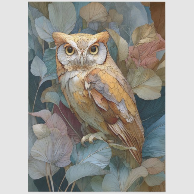 Decoupage Owl mit Blätter Jugendstil Seidenpapier (Vorderseite)