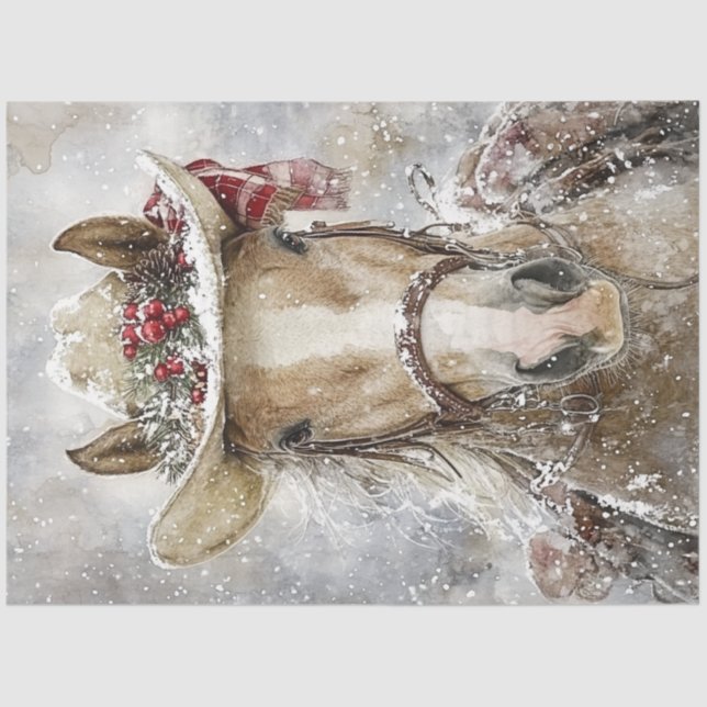 Decoupage Pferd mit Cowboy Hat Winterszene Seidenpapier (Vorderseite)