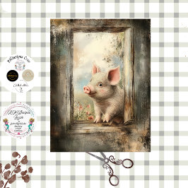 Decoupage Piglet in Rustic Window Story Book Seidenpapier