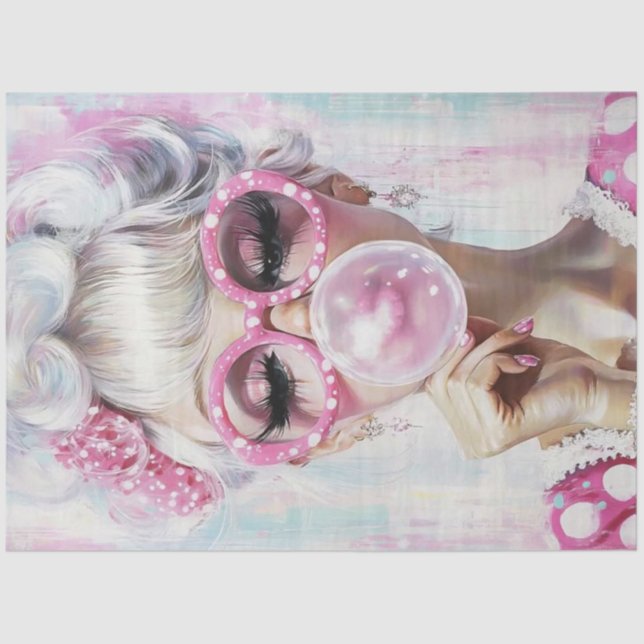 Decoupage Pop Art Fashion Girl Hot Pink Bubble Gum Seidenpapier (Vorderseite)