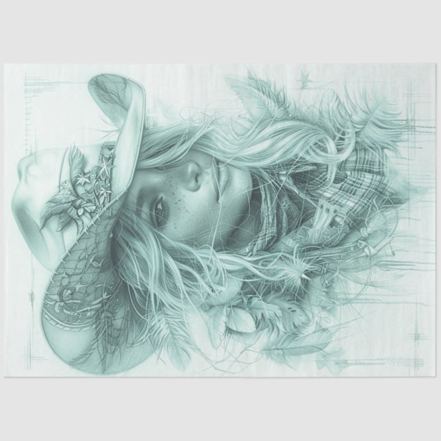 Decoupage Portrait Design monochromatische Cowgirl Seidenpapier (Vorderseite)