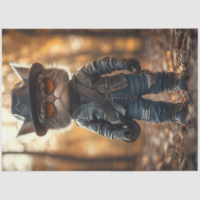 Decoupage Rebellious Cat Leather Jacket ist Umarmu Seidenpapier (Vorderseite)