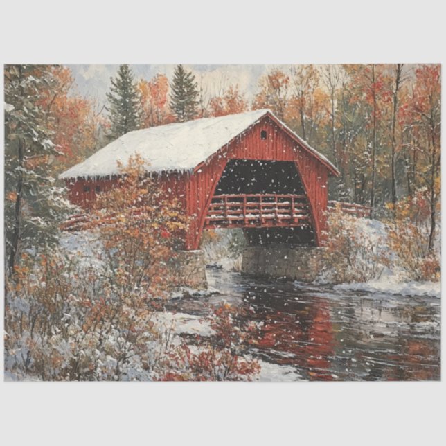 Decoupage Red Covered Bridge Winter Szene Seidenpapier (Vorderseite)