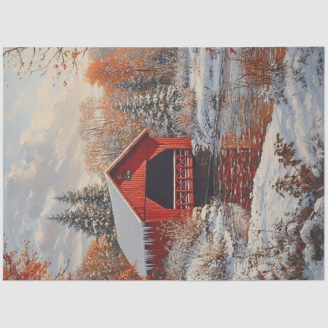 Decoupage Red Covered Bridge Winter Szene Seidenpapier (Vorderseite)