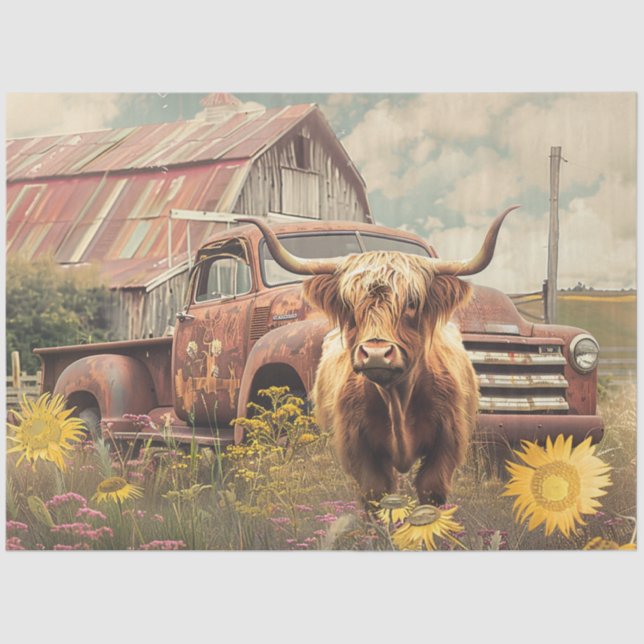 Decoupage Rustic Red Truck, Barn & Highland Cow Seidenpapier (Vorderseite)