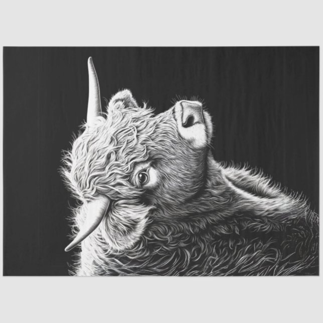 Decoupage Schwarz-weiß Highland Cow Tinte Zeichnen Seidenpapier (Vorderseite)