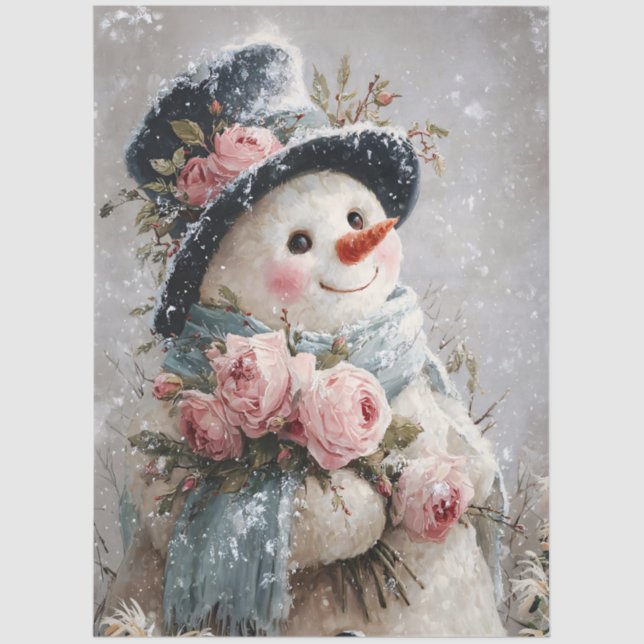 Decoupage Snowman with Pink Roses Seidenpapier (Vorderseite)