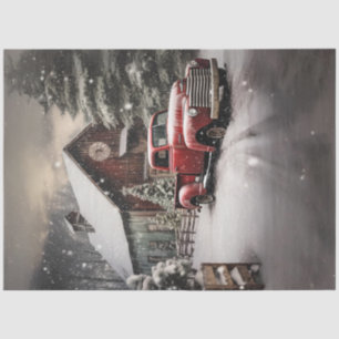 Decoupage Snowy Landscape Red Truck Barn Seidenpapier