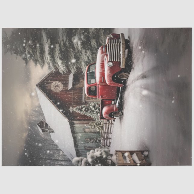 Decoupage Snowy Landscape Red Truck Barn Seidenpapier (Vorderseite)