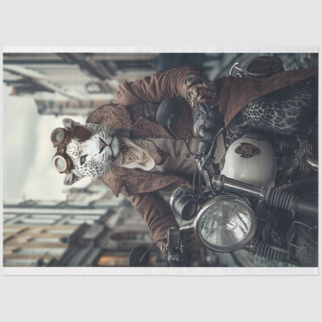 Decoupage Steampunk Leo Leopard Motorrad-Fahrer Seidenpapier (Vorderseite)