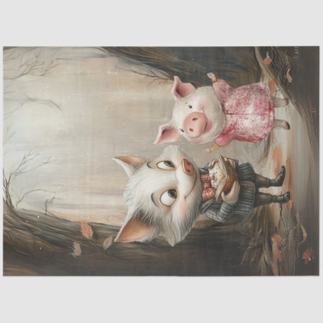 Decoupage Story Book Illustration Wolf & Pig Woods Seidenpapier (Vorderseite)