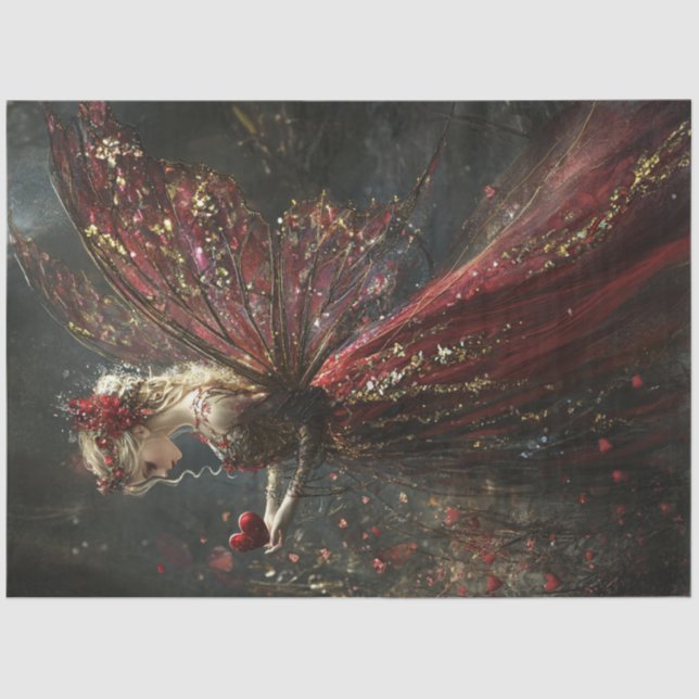 Decoupage Valentine Blonde Fairy in Red & Gold Seidenpapier (Vorderseite)