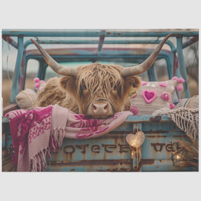 Decoupage Valentine Hochland Kuh Vintag Truck Seidenpapier (Vorderseite)