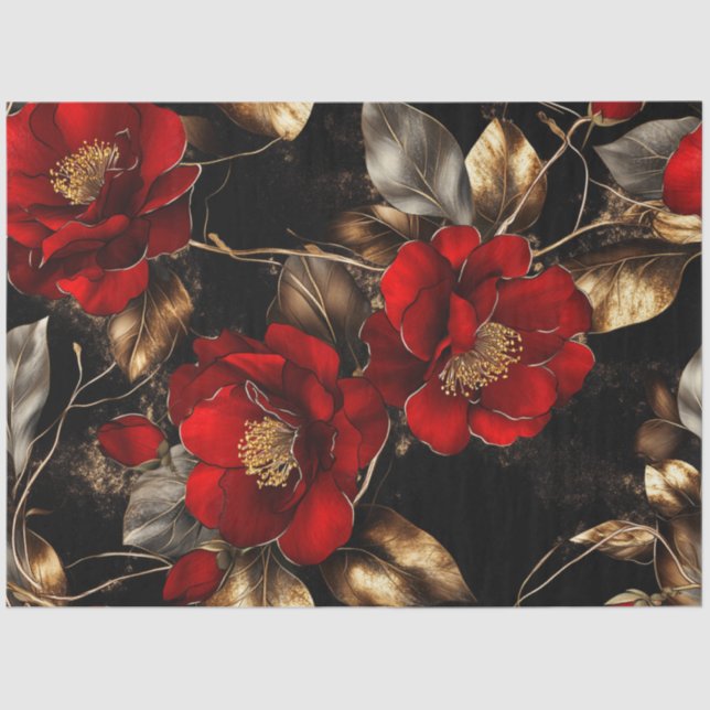 Decoupage Vibraning Red Blume Gold Silver Trim Seidenpapier (Vorderseite)