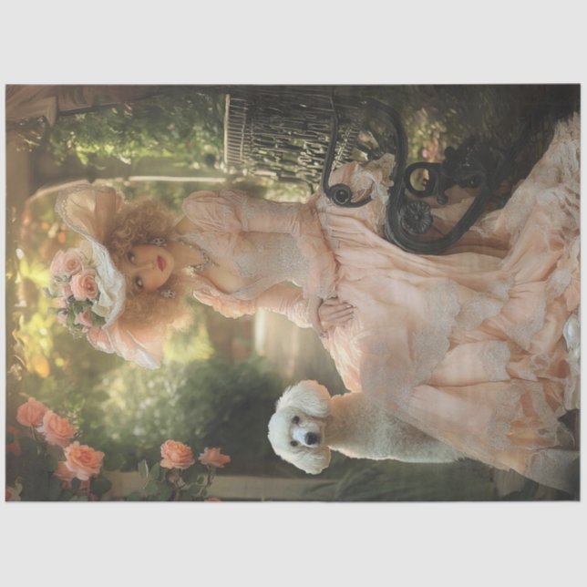 Decoupage Vintag Lady Pink Dress & White Poodle Seidenpapier (Vorderseite)