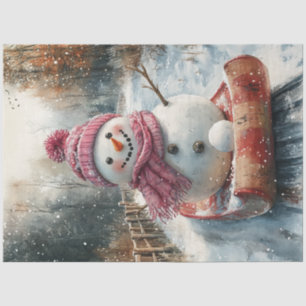 Decoupage Vintag Snowman auf Schlitten Seidenpapier