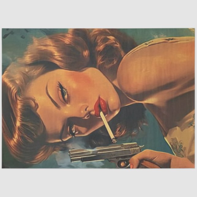 Decoupage Vintage Poster Girl Cigarette & Pistole Seidenpapier (Vorderseite)