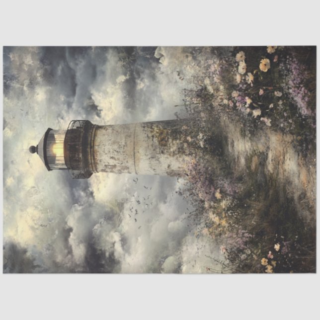 Decoupage Weathered Lighthouse Wildblumen Seidenpapier (Vorderseite)