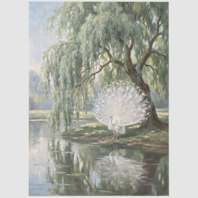 Decoupage Weißer Pfau am Weidenbaum Seidenpapier (Vorderseite)