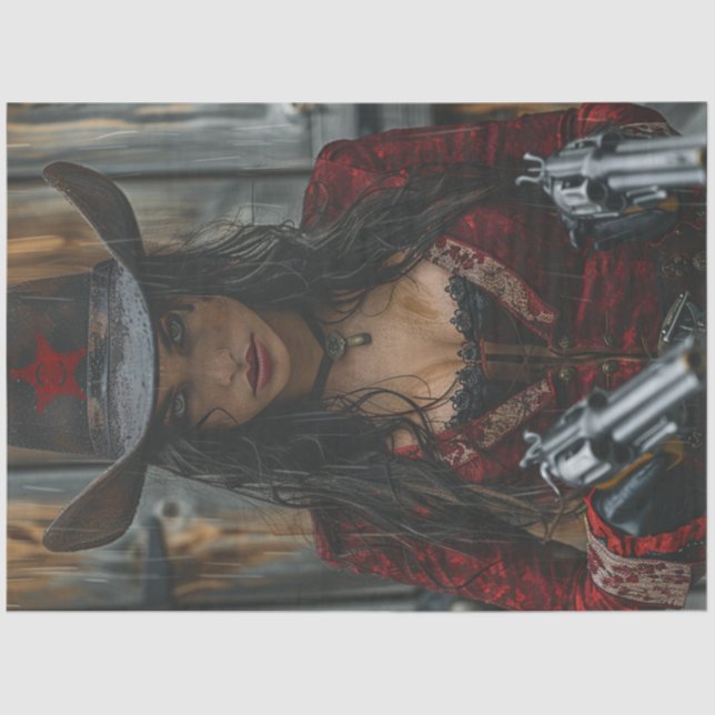Decoupage Western Cowgirl Sheriff 2 Waffen Seidenpapier (Vorderseite)