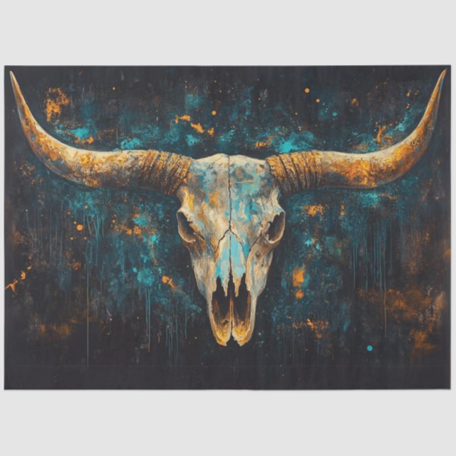 Decoupage Western Skull Longhorn Aquamarin Rust Seidenpapier (Vorderseite)