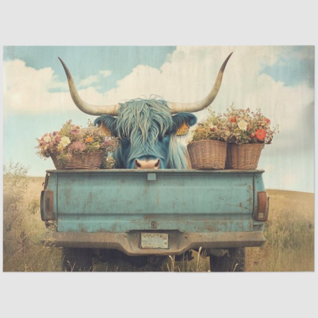 Decoupage Whimsical Blue Highland Truck Blume Seidenpapier (Vorderseite)