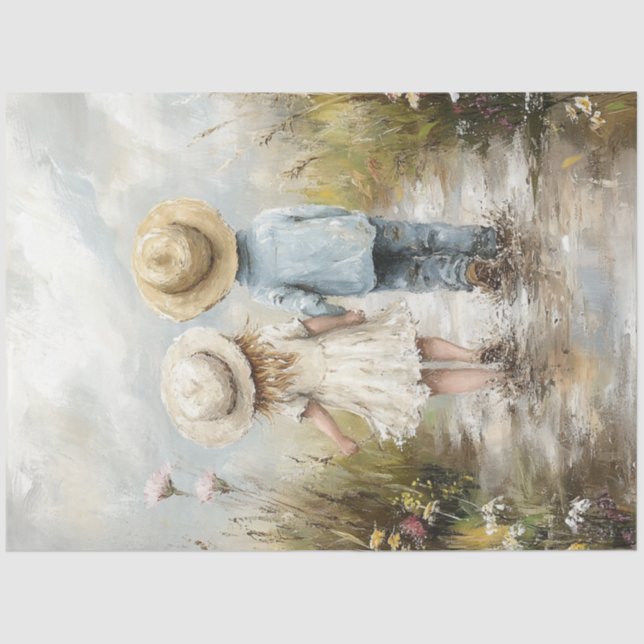 Decoupage Whimsical Boy Girl Walking Mud Road Seidenpapier (Vorderseite)