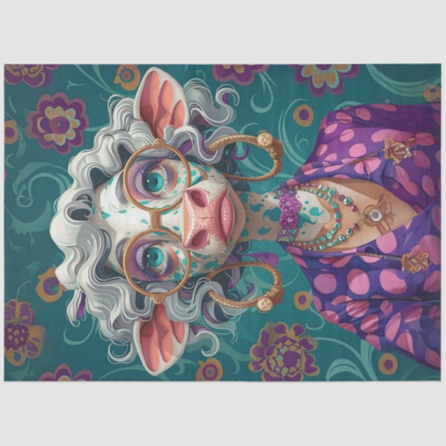 Decoupage Whimsical Cartoonish Lady Cow Bella Moo Seidenpapier (Vorderseite)