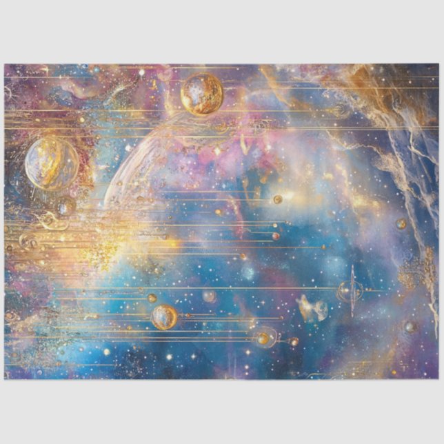 Decoupage Whimsical Comic Scene Gold Blues Seidenpapier (Vorderseite)