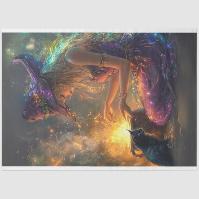 Decoupage Whimsical Halloween Hexe in Lila Seidenpapier (Vorderseite)