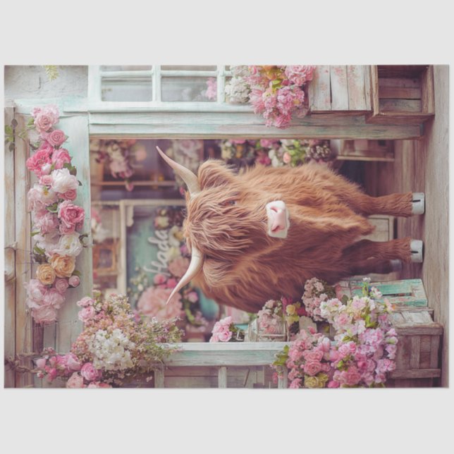 Decoupage Whimsical Highland Kuh Pink Blume Shop Seidenpapier (Vorderseite)