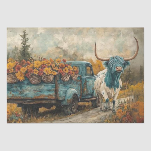 Decoupage Whimsical Highland Longhorn & Blume Seidenpapier (Vorderseite)