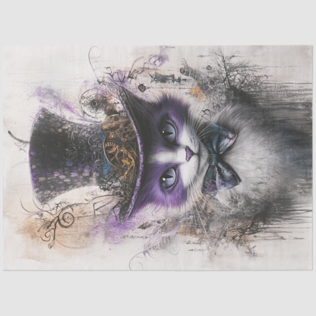 Decoupage Whimsical Lila Black Cat Top Hat Seidenpapier (Vorderseite)